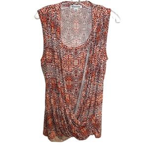 Liz Claiborne sleeveless top; orange, yellow, & brown/black floral design;